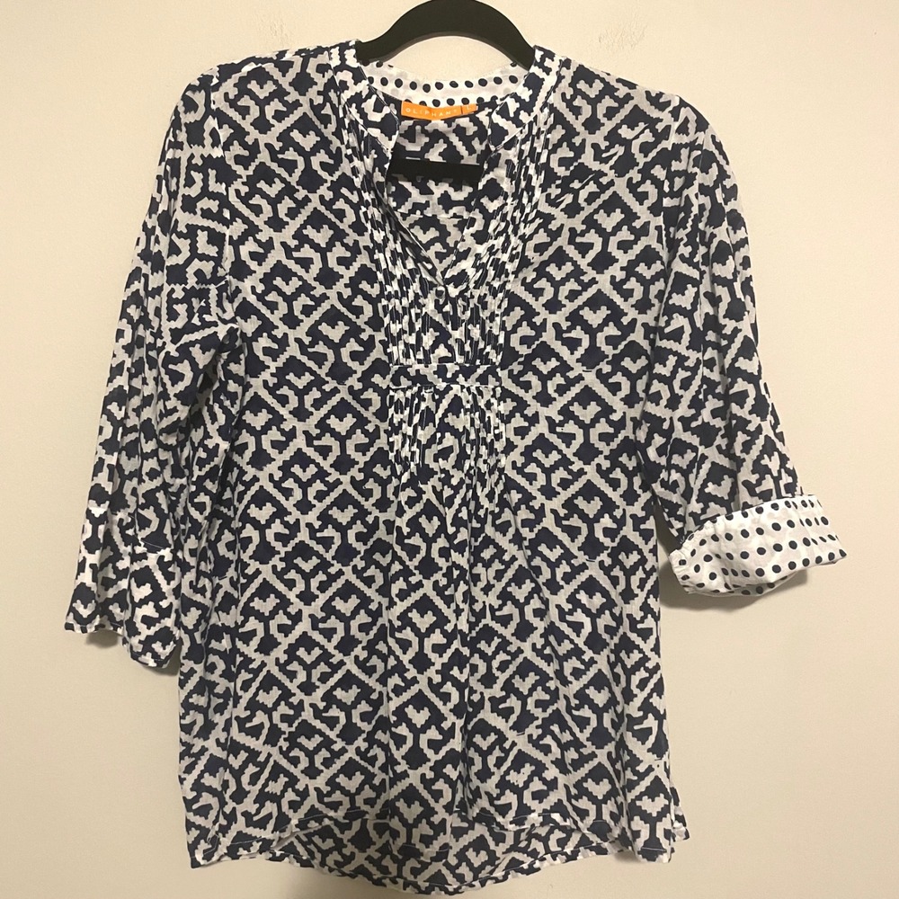 Oliphant Tuckernuck Geometric blouse white blue cotton L coastal resort boho